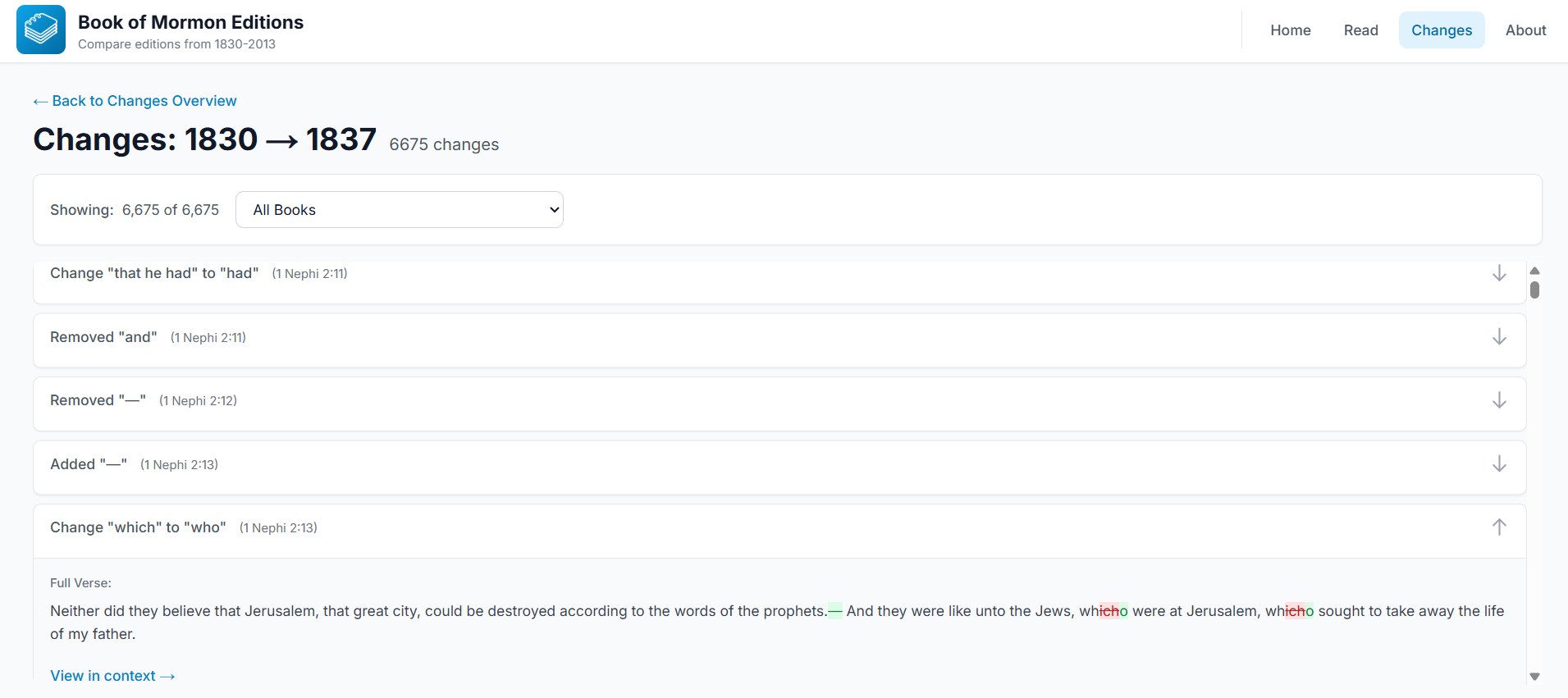Screenshot of changes 1830 to 1837