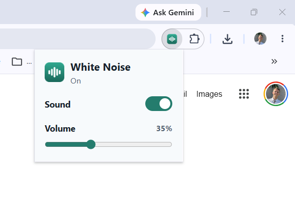 The Simple White Noise popup with an on/off toggle and volume slider